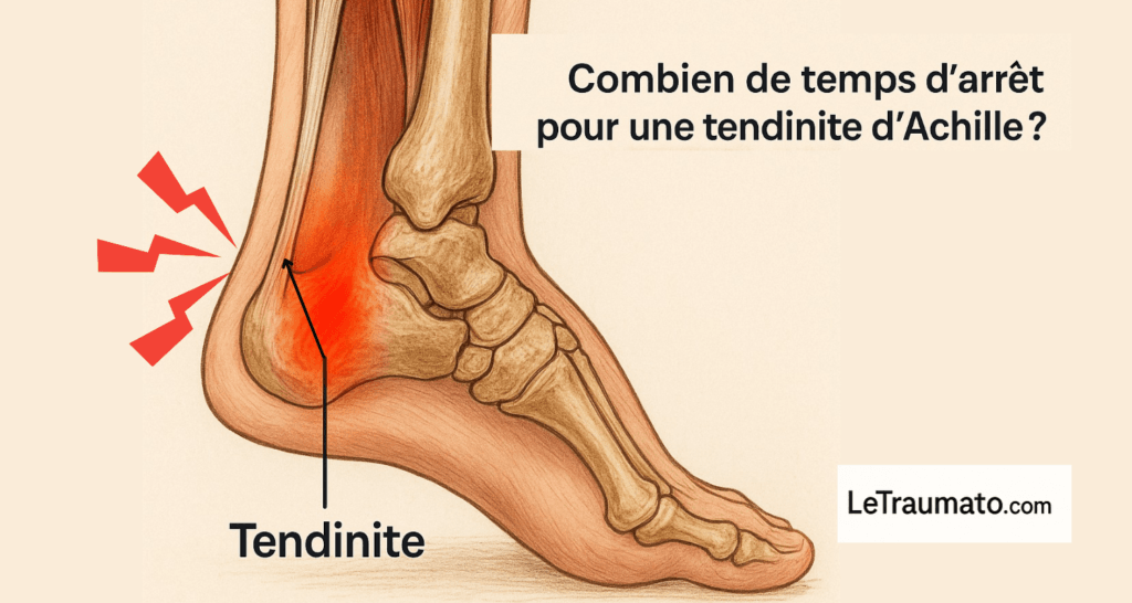 Illustration anatomique détaillée du tendon d’Achille montrant la zone inflammatoire en rouge au niveau de son insertion sur le calcanéum, réalisée pour illustrer un article médical sur la tendinite d’Achille et expliquer les causes des douleurs au talon et les impacts sur la marche.