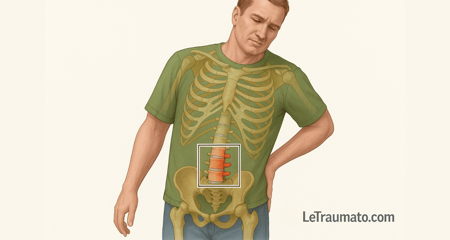 Illustration médicale de la douleur du bas du dos montrant un homme penché avec transparence du squelette et mise en évidence des vertèbres lombaires inflammatoires. Image pédagogique LeTraumato.com destinée à expliquer l’origine des douleurs lombaires.