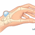 Illustration médicale détaillée d’un kyste synovial de la main situé au niveau du poignet dorsal, montrant la tuméfaction translucide remplie de liquide synovial en regard des os du carpe, avec représentation anatomique claire des structures osseuses et articulation du poignet, image pédagogique destinée à l’information médicale sur les pathologies de la main, signée LeTraumato.com