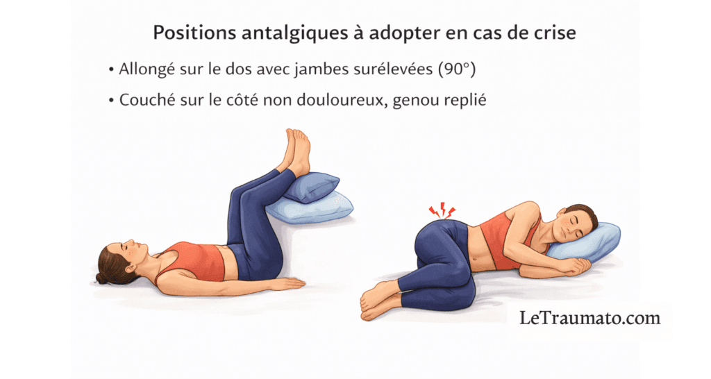 Illustration médicale montrant deux positions antalgiques pour soulager une crise douloureuse lombaire ou sciatique : allongé sur le dos avec jambes surélevées à 90 degrés et couché sur le côté non douloureux avec genou replié