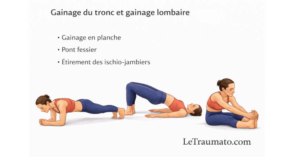 Illustration médicale montrant des exercices de gainage du tronc et de gainage lombaire incluant la planche, le pont fessier et l’étirement des ischio-jambiers, utilisés en prévention et rééducation des douleurs lombaires, avec logo LeTraumato.com