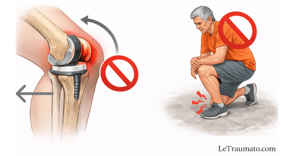 Illustration médicale montrant l’agenouillement sur une surface dure après une prothèse totale du genou, avec mise en évidence de la pression antérieure sur l’implant et pictogramme d’interdiction signalant un mouvement à éviter en post-opératoire.
