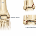 Illustration médicale détaillée de l’anatomie de la cheville montrant le tibia, la fibula, le talus, la malléole interne et la malléole externe, avec mise en évidence d’une fracture de la malléole et d’une fracture bimalléolaire, visuel pédagogique LeTraumato.com