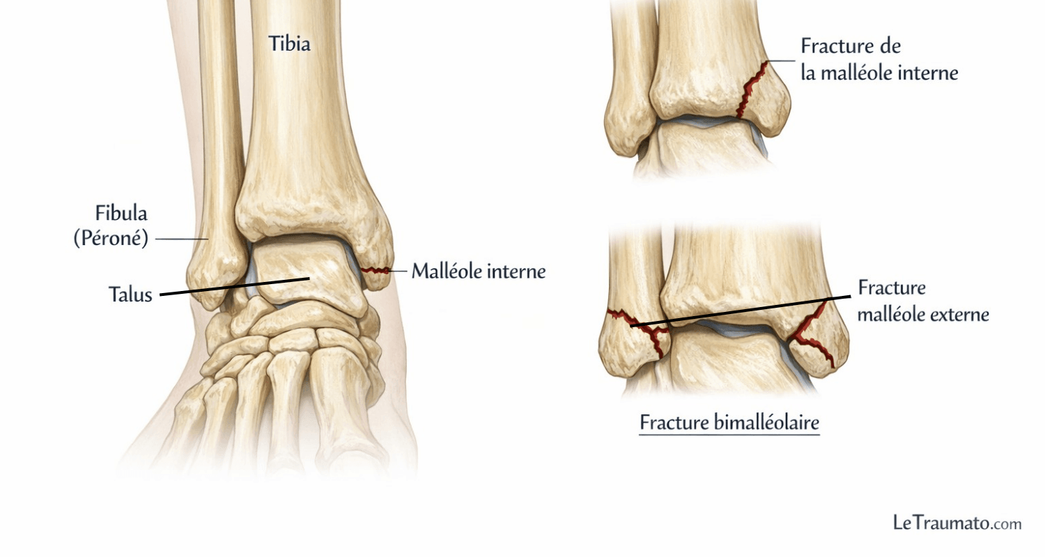 Illustration médicale détaillée de l’anatomie de la cheville montrant le tibia, la fibula, le talus, la malléole interne et la malléole externe, avec mise en évidence d’une fracture de la malléole et d’une fracture bimalléolaire, visuel pédagogique LeTraumato.com