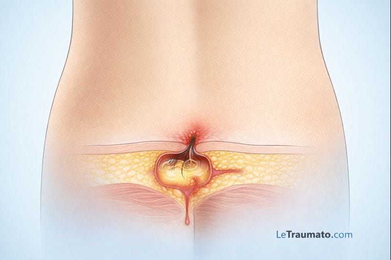 Illustration médicale d’un kyste pilonidal situé dans la région sacro coccygienne, montrant une cavité inflammatoire sous cutanée avec poils incarnés et trajet fistuleux, image pédagogique sans nudité destinée à l’information des patients.