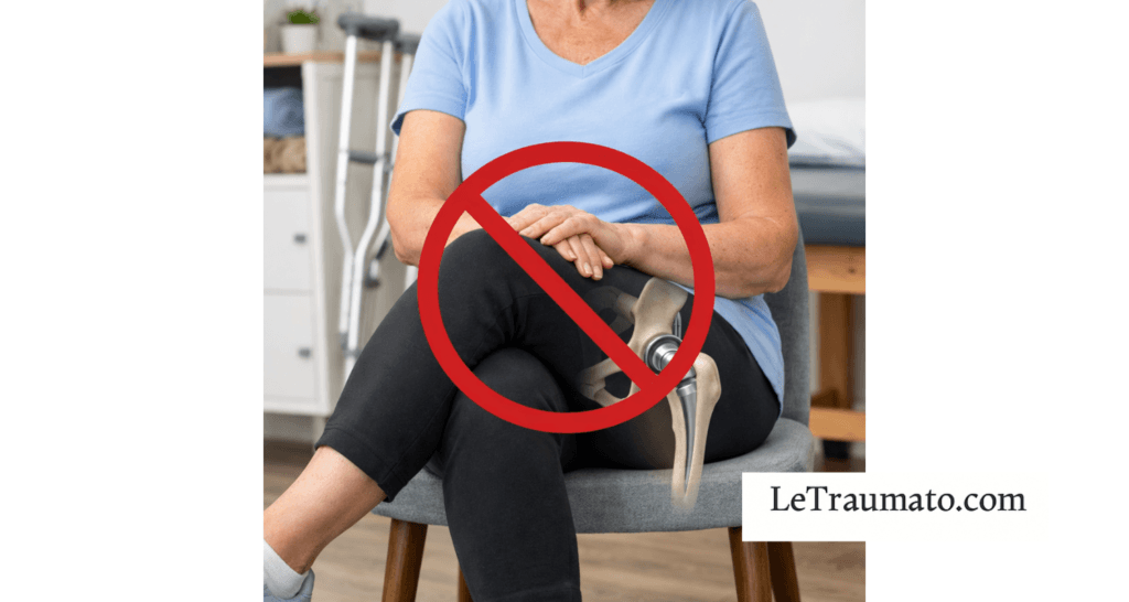 Patiente assise croisant les jambes, mouvement interdit après une prothèse totale de hanche en raison du risque de luxation de la hanche opérée