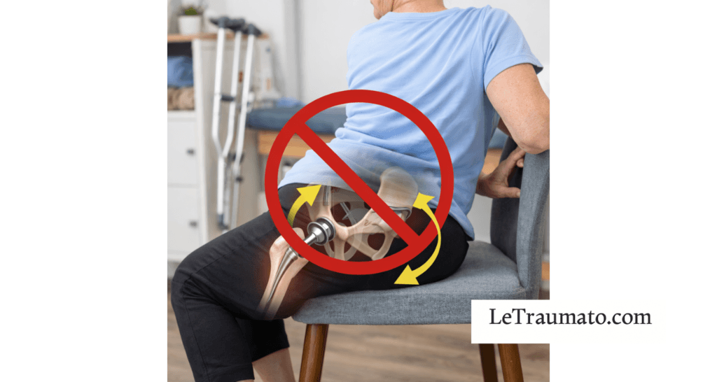 Patiente assise effectuant une rotation du tronc entraînant une torsion de la hanche, mouvement interdit après une prothèse totale de hanche en raison du risque de luxation