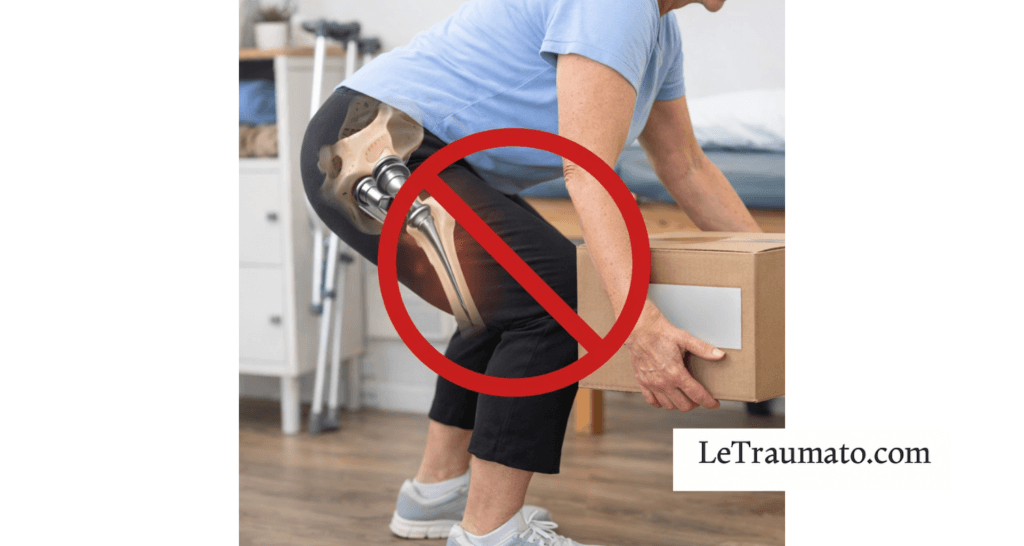Patiente se penchant pour soulever un objet lourd avec flexion excessive de la hanche, mouvement déconseillé après une prothèse totale de hanche en raison du risque de luxation et de contraintes excessives