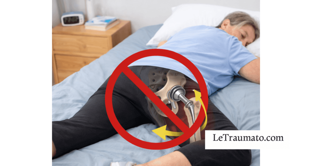Patiente dormant sur le ventre avec une rotation de la hanche, position déconseillée après une prothèse totale de hanche en raison du risque de luxation prothétique
