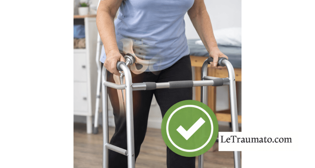 Patiente marchant avec un déambulateur après une prothèse totale de hanche, technique recommandée pour sécuriser les déplacements et réduire le risque de luxation