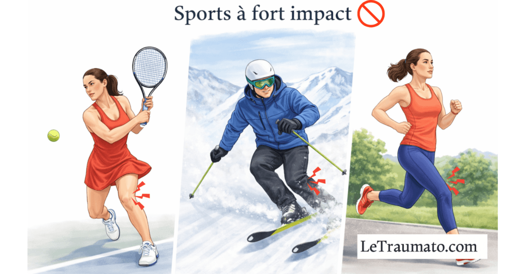 Illustration médicale montrant des sports à fort impact comme le tennis, le ski et la course à pied, associés à des contraintes mécaniques excessives sur l’articulation du genou, pouvant réduire la durée de vie d’une prothèse totale du genou et favoriser son usure précoce