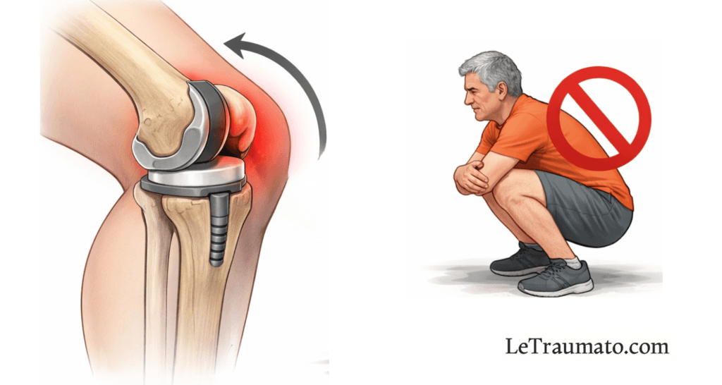 Illustration médicale montrant une flexion profonde du genou après prothèse totale du genou, avec mise en évidence des contraintes excessives sur l’implant et un pictogramme d’interdiction signalant un mouvement à éviter en post-opératoire.