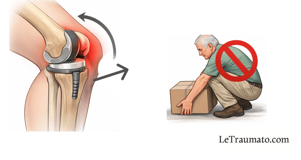 Illustration médicale montrant le port de charges lourdes après une prothèse totale du genou, avec mise en évidence des contraintes mécaniques excessives sur l’implant et pictogramme d’interdiction signalant un mouvement à éviter en post-opératoire.