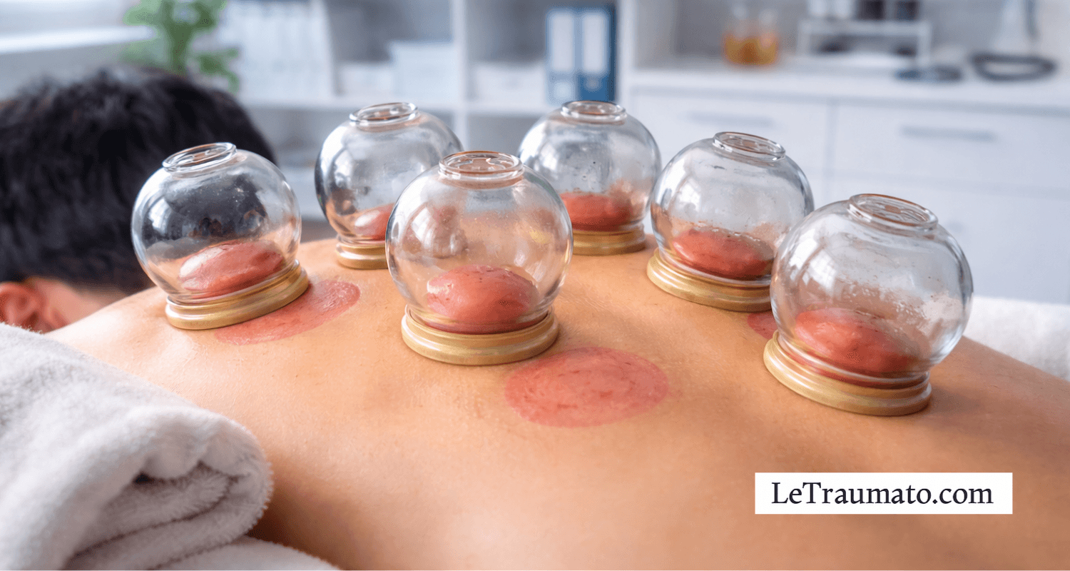 Séance de hijama en cabinet médical moderne avec ventouses thérapeutiques sur le dos, approche de médecine complémentaire, LeTraumato.com