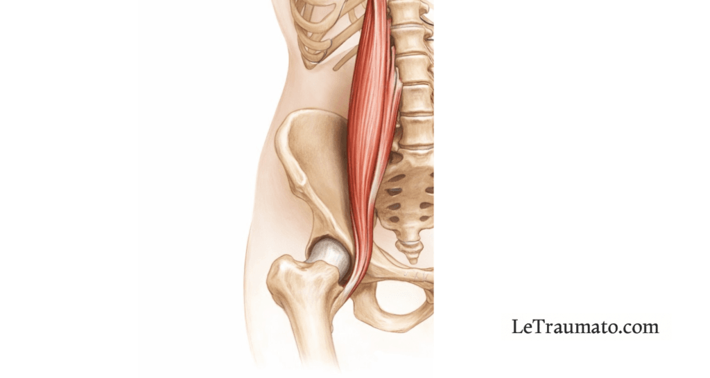 Illustration anatomique médicale montrant le muscle ilio-psoas avec le psoas majeur et le muscle iliaque, depuis les vertèbres lombaires jusqu’à son insertion sur le petit trochanter du fémur, mettant en évidence son rôle clé dans la flexion de la hanche et sa relation avec le bassin et la colonne lombaire, LeTraumato.com
