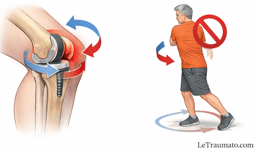 Illustration médicale montrant les mouvements de torsion et de pivot du genou après une prothèse totale du genou, avec visualisation des contraintes rotatoires sur l’implant et pictogramme d’interdiction signalant un mouvement à éviter en post-opératoire.