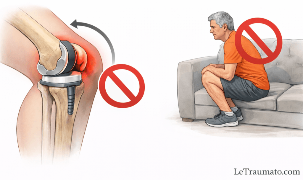 Illustration médicale montrant une flexion excessive du genou lors de la position assise sur un canapé bas après une prothèse totale du genou, avec mise en évidence des contraintes articulaires et pictogramme d’interdiction en post-opératoire.