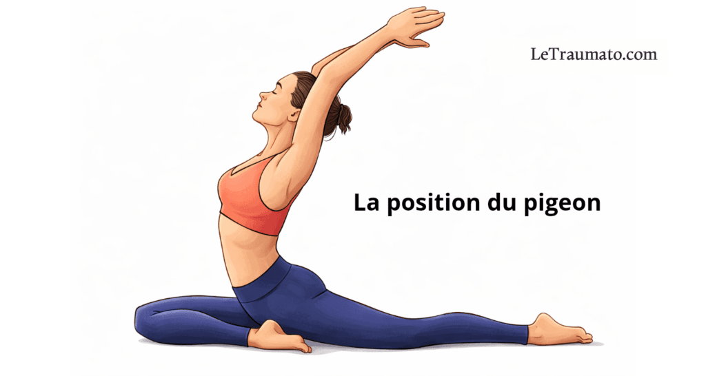 Illustration en couleur montrant la position du pigeon en yoga, posture d’étirement profond des hanches, des fléchisseurs de hanche et du rachis lombaire, utilisée en rééducation, prévention des lombalgies et amélioration de la mobilité articulaire