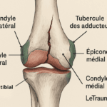 Illustration médicale montrant une fracture de l’extrémité distale du fémur. Les structures anatomiques essentielles sont identifiées : épicondyle médial, épicondyle latéral, condyle médial, condyle latéral, tubercule des adducteurs et plateau tibial. Image pédagogique LeTraumato.com.