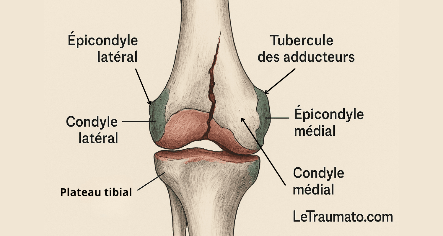 Illustration médicale montrant une fracture de l’extrémité distale du fémur. Les structures anatomiques essentielles sont identifiées : épicondyle médial, épicondyle latéral, condyle médial, condyle latéral, tubercule des adducteurs et plateau tibial. Image pédagogique LeTraumato.com.