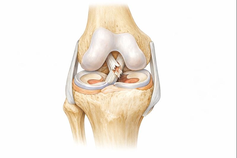 Illustration médicale réaliste de l’articulation du genou humain en vue antérieure et légèrement oblique montrant une rupture du ligament croisé antérieur avec visualisation du fémur du tibia des ménisques des ligaments collatéraux et du ligament croisé postérieur image pédagogique sans texte destinée aux patients et aux étudiants en médecine