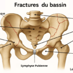Illustration médicale du bassin humain vue de face montrant les principales zones anatomiques : aile iliaque, sacrum, rachis lombaire, coccyx, cotyle, tête fémorale, col fémoral, cadre obturateur et symphyse pubienne. Les traits de fractures sont indiqués en rouge pour illustrer les fractures du bassin. Image pédagogique destinée à l’information des patients sur les causes, le diagnostic et la localisation des fractures du bassin. LeTraumato.com.