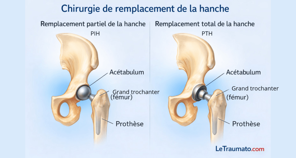 Illustration médicale comparative montrant la différence entre le remplacement partiel de la hanche et le remplacement total de la hanche, avec visualisation de l’acétabulum, du fémur et de la prothèse, schéma pédagogique destiné à l’information des patients, marque LeTraumato.com