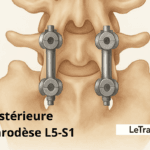 Illustration médicale montrant une vue postérieure de la colonne lombaire avec une arthrodèse L5 S1 réalisée par vis pédiculaires et tiges métalliques, représentant la fixation chirurgicale du segment lombo sacré dans un contexte de pathologie dégénérative ou d’instabilité lombaire