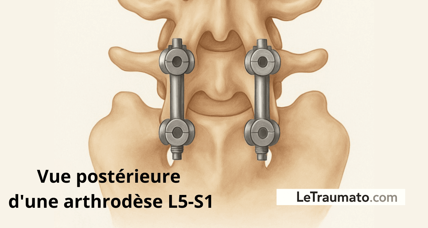 Illustration médicale montrant une vue postérieure de la colonne lombaire avec une arthrodèse L5 S1 réalisée par vis pédiculaires et tiges métalliques, représentant la fixation chirurgicale du segment lombo sacré dans un contexte de pathologie dégénérative ou d’instabilité lombaire