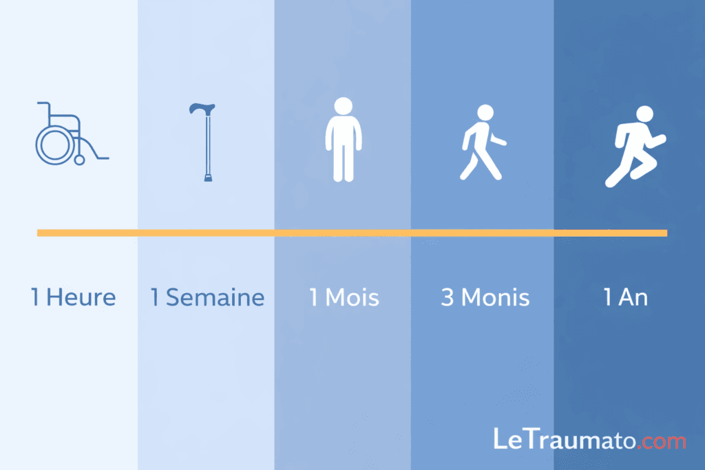 Infographie médicale illustrant les étapes de récupération après un remplacement total du genou, depuis la première heure jusqu’à un an, montrant la progression fonctionnelle du patient de la mobilité assistée à la reprise de la marche puis de l’activité, schéma pédagogique destiné à l’information des patients, marque LeTraumato.com