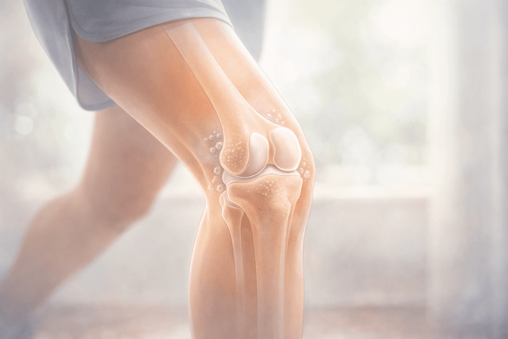 Illustration médicale du genou en mouvement montrant une articulation saine avec cartilage intact et liquide synovial