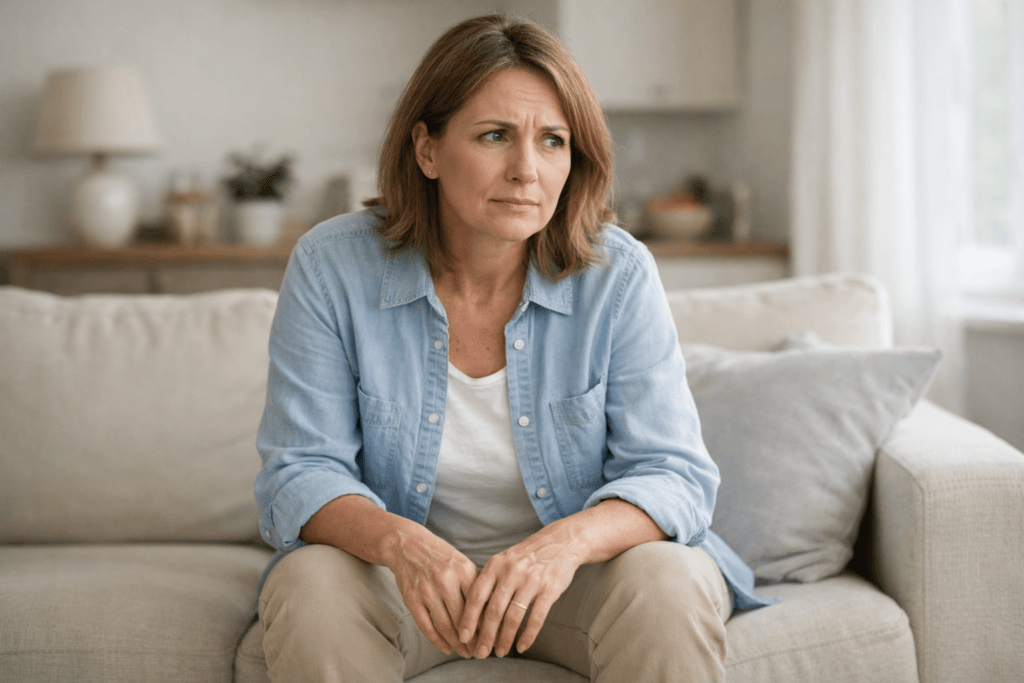 Adulte de 50 ans assis dans son salon, regard préoccupé, mains sur les genoux, évoquant une douleur articulaire ou une gêne au quotidien