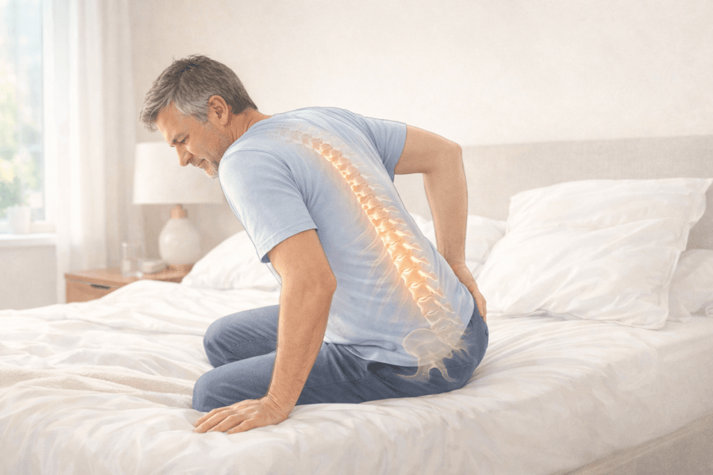 Illustration médicale montrant la bonne posture pour se lever du lit en position latérale afin de protéger le dos
