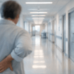 Silhouette floue d’un adulte dans un long couloir d’hôpital moderne et lumineux, main posée sur le bas du dos, exprimant une hésitation calme et une réflexion médicale sans urgence
