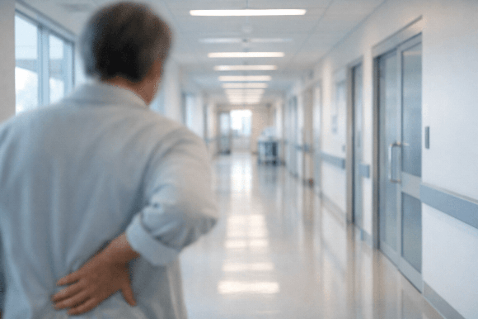Silhouette floue d’un adulte dans un long couloir d’hôpital moderne et lumineux, main posée sur le bas du dos, exprimant une hésitation calme et une réflexion médicale sans urgence