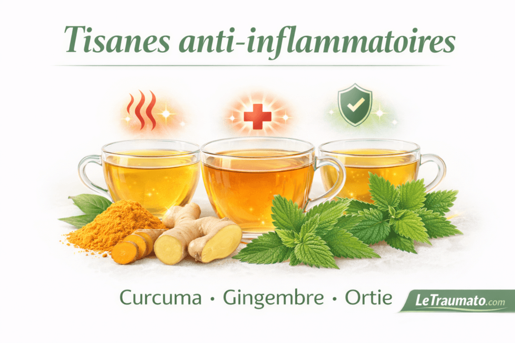 Tisanes anti-inflammatoires à base de curcuma, gingembre et ortie, illustration santé montrant des infusions naturelles utilisées en complément pour soulager les douleurs articulaires et inflammatoires, visuel pédagogique LeTraumato.com.