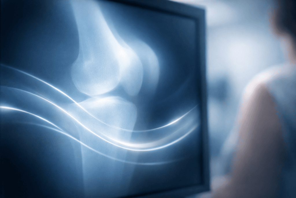 Écran d’imagerie médicale volontairement flou dans une salle de radiologie moderne, formes abstraites évoquant une articulation humaine avec lignes lumineuses douces suggérant des cycles et des phases d’évolution, ambiance technologique calme et rassurante, sans détails cliniques ni anxiogènes.