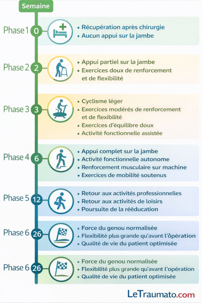 Infographie médicale détaillant les différentes phases de rééducation après une chirurgie du genou, de la phase post-opératoire immédiate sans appui jusqu’à la récupération fonctionnelle complète à 26 semaines, avec exercices, reprise de l’appui, activités fonctionnelles et amélioration de la qualité de vie, schéma pédagogique destiné à l’information des patients, marque LeTraumato.com