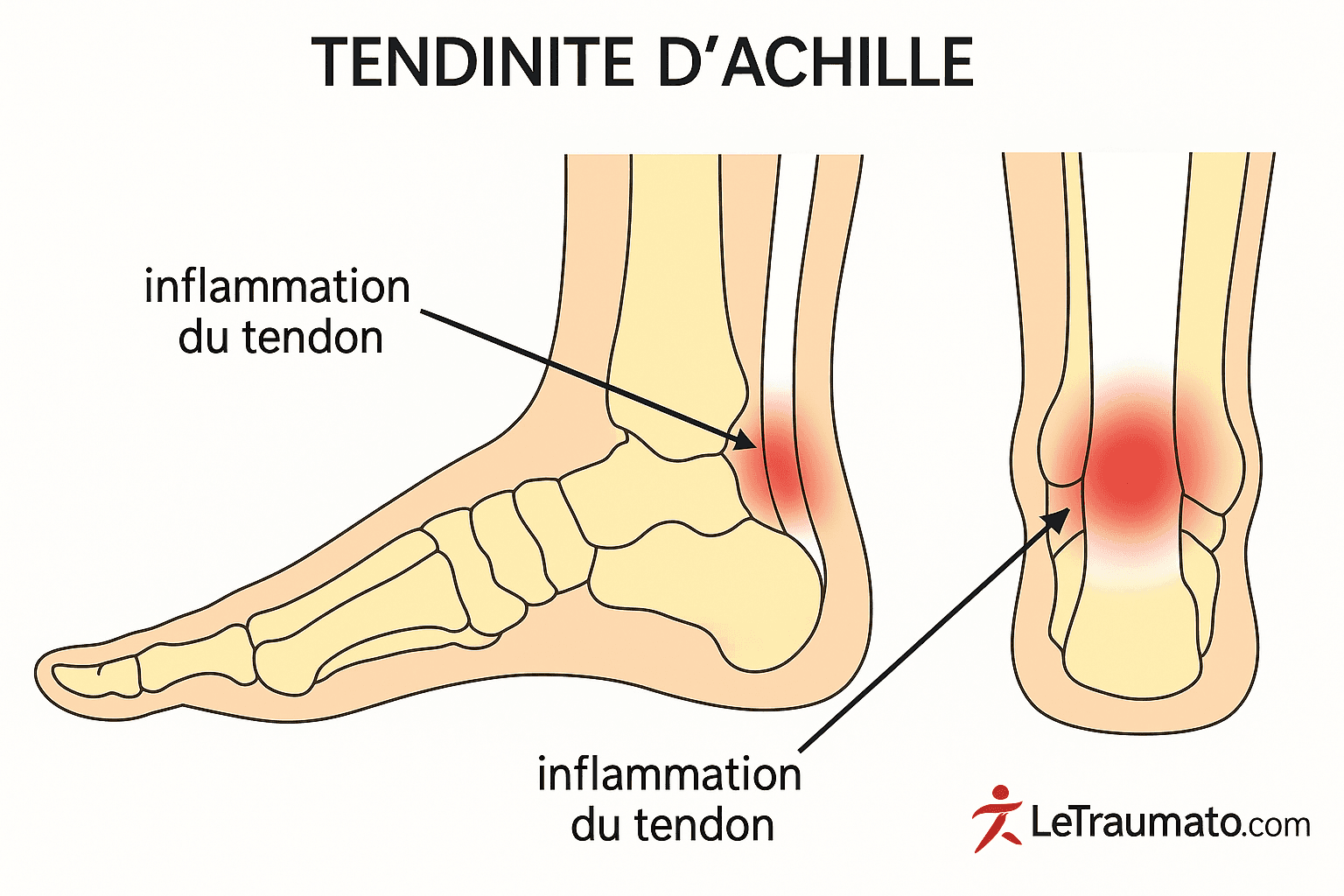 Schéma anatomique de la tendinite d’Achille montrant le tendon au niveau du talon, avec zones rouges d’inflammation et flèches explicatives. Illustration médicale LeTraumato.com.