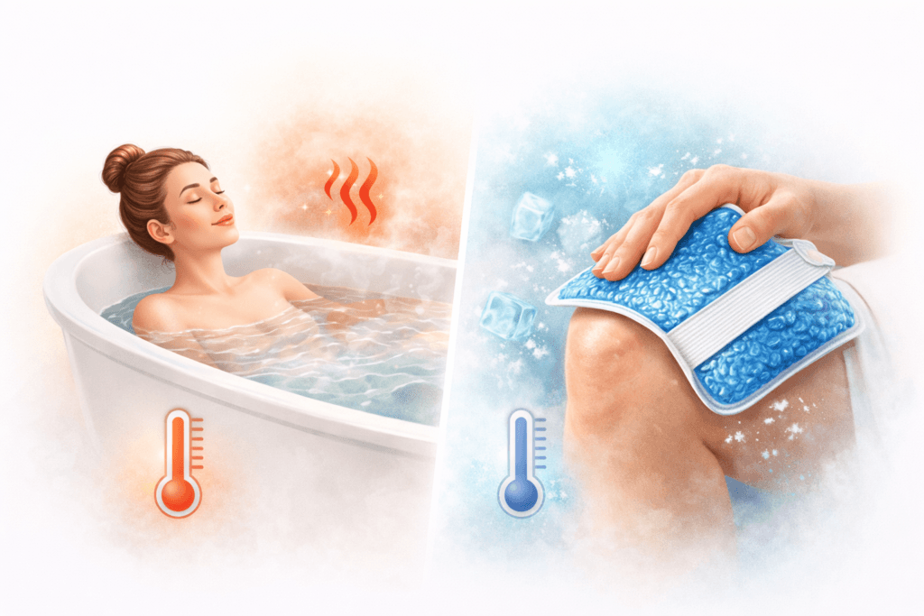 Comparaison entre bain chaud et compresse froide pour soulager les douleurs articulaires, illustration médicale montrant l’utilisation de la chaleur et du froid en fonction de l’inflammation et des tensions musculaires, visuel pédagogique LeTraumato.com.