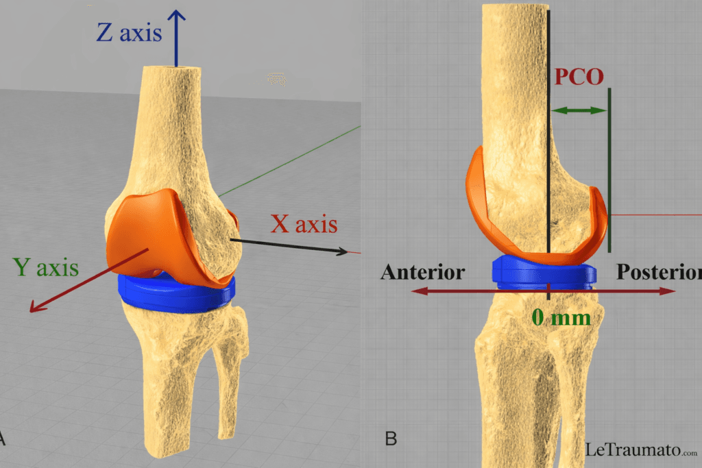 Illustration scientifique du genou prothésé montrant l’alignement tridimensionnel des axes X, Y et Z ainsi que le Posterior Condylar Offset, paramètres biomécaniques majeurs influençant la stabilité, la cinématique et la durée de vie d’une prothèse totale du genou