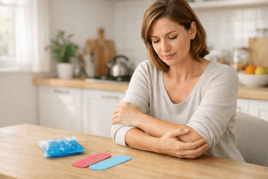 Adulte dans une cuisine lumineuse tenant doucement son coude douloureux avec une expression calme et réfléchie, présence d’une poche de froid et de bandes de kinésiotaping sur la table, illustrant une douleur tendineuse du coude et l’espoir d’un soulagement par des traitements conservateurs