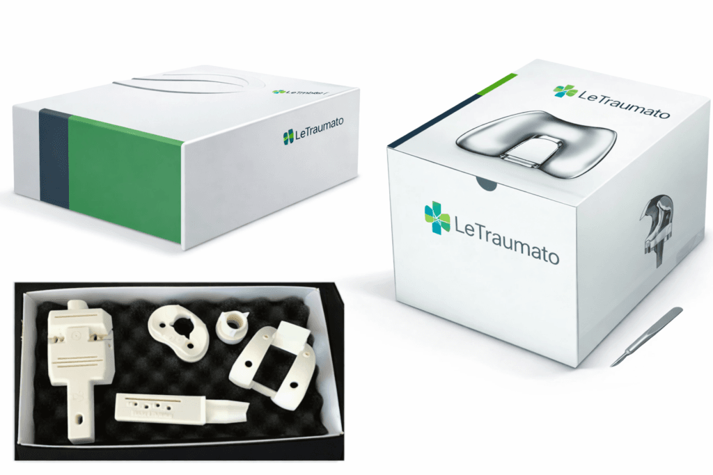 Kit d’instrumentation sur mesure à usage unique pour prothèse totale du genou, comprenant des guides de coupe personnalisés et stériles, conçus pour améliorer la précision chirurgicale et l’alignement de l’implant