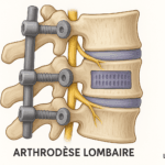 Illustration médicale montrant une arthrodèse lombaire avec deux vertèbres stabilisées par des vis pédiculaires et des tiges métalliques. Une cage intersomatique violette remplace le disque pour maintenir l’espace et favoriser la fusion osseuse. Les racines nerveuses lombaires sont visibles en jaune. Image pédagogique réalisée pour LeTraumato.com, destinée à expliquer la chirurgie de stabilisation lombaire.
