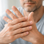 Gros plan sur les mains d’un adulte en train de faire craquer volontairement ses doigts, geste familier et courant. L’expression du visage, neutre et concentrée, reflète une attitude d’interrogation naturelle. Fond clair et épuré, lumière douce, ambiance calme et réaliste, sans connotation médicale anxiogène.