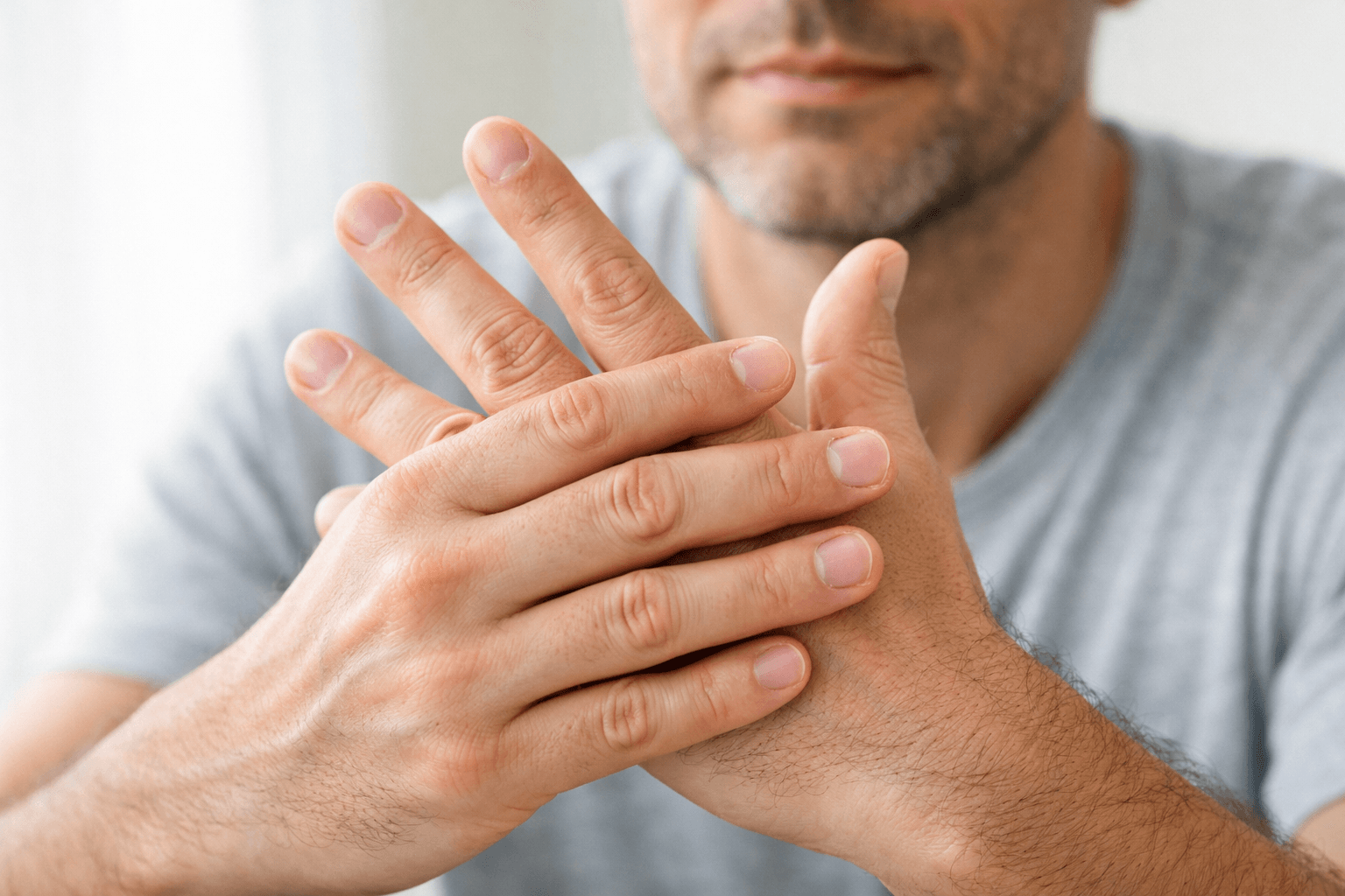 Gros plan sur les mains d’un adulte en train de faire craquer volontairement ses doigts, geste familier et courant. L’expression du visage, neutre et concentrée, reflète une attitude d’interrogation naturelle. Fond clair et épuré, lumière douce, ambiance calme et réaliste, sans connotation médicale anxiogène.