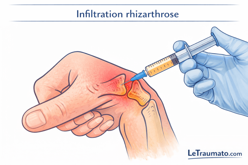 Illustration médicale montrant une infiltration intra-articulaire de la rhizarthrose au niveau de l’articulation trapézo-métacarpienne du pouce, geste thérapeutique utilisé pour soulager la douleur et l’inflammation de l’arthrose du pouce, image pédagogique destinée aux patients, marque LeTraumato.com