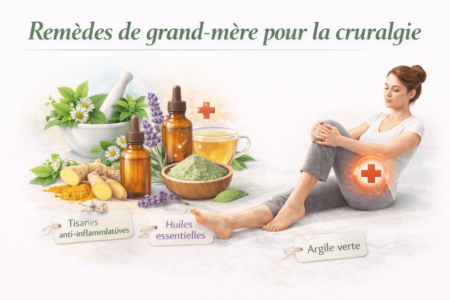 Remèdes de grand-mère pour la cruralgie illustrant des approches naturelles complémentaires comme l’argile verte, les tisanes anti-inflammatoires, les huiles essentielles et les étirements doux pour soulager la douleur du nerf crural, visuel pédagogique LeTraumato.com.