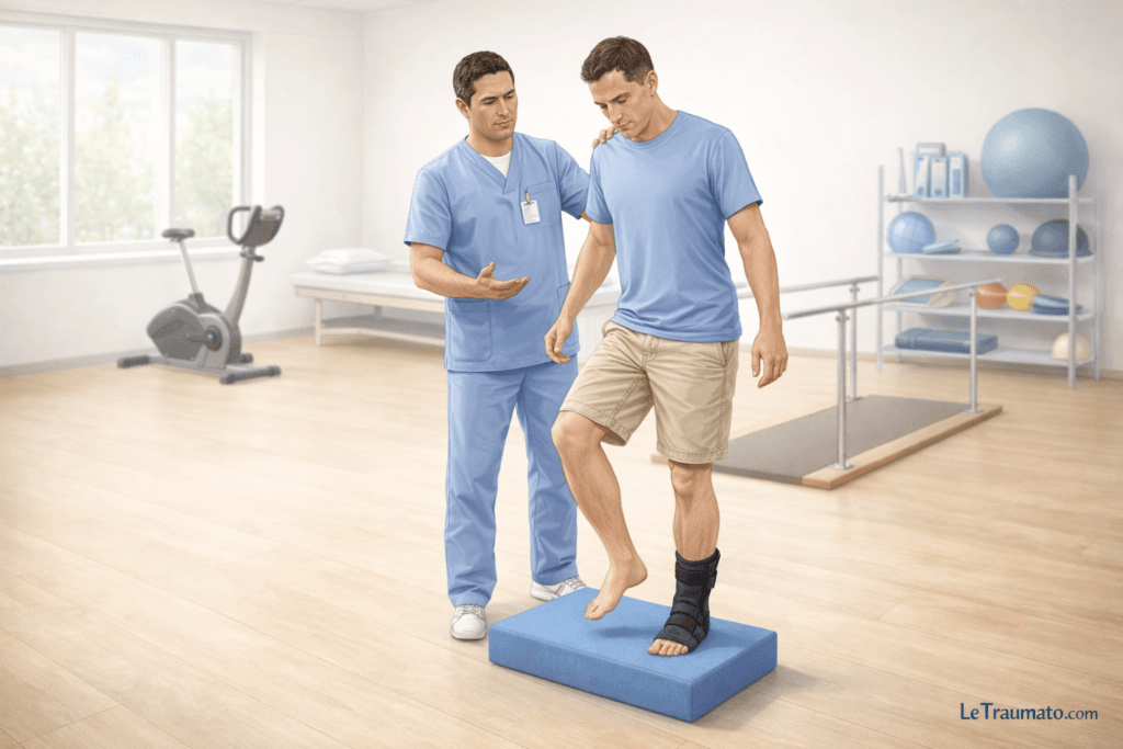 Illustration médicale montrant la rééducation de la cheville après fracture de la malléole avec exercice de proprioception et d’équilibre en appui unipodal, supervisé par un kinésithérapeute, visuel pédagogique LeTraumato.com