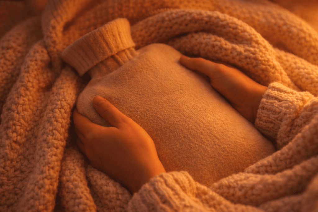 Mains tenant une bouillotte chaude enveloppée dans une couverture douce, illustrant la chaleur réconfortante utilisée pour soulager les douleurs articulaires et musculaires en hiver